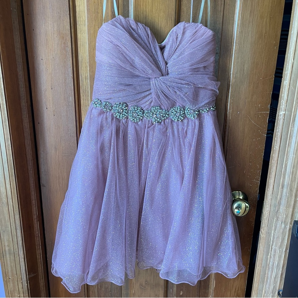 Dusty rose glittery strapless mini dress